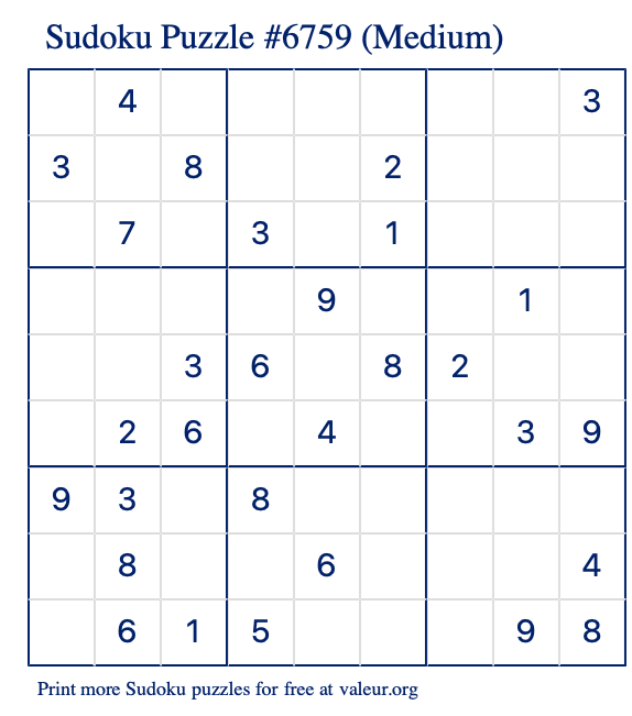 Free Printable Medium Sudoku Puzzle number 6759