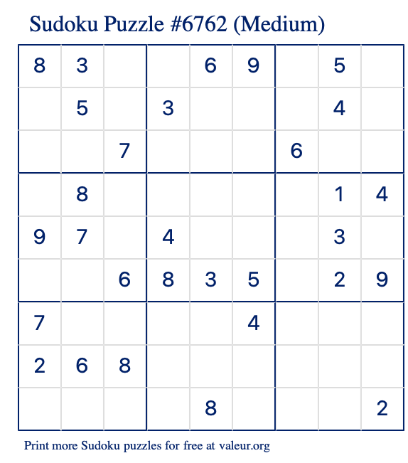 Free Printable Medium Sudoku Puzzle number 6762