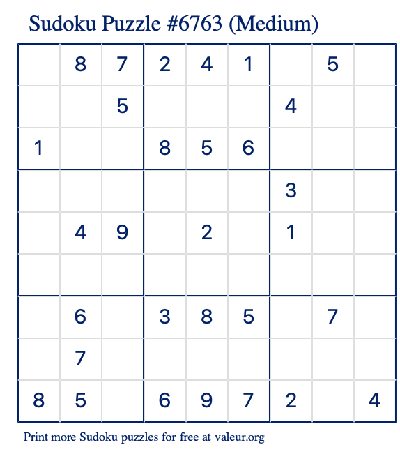 Free Printable Medium Sudoku Puzzle number 6763