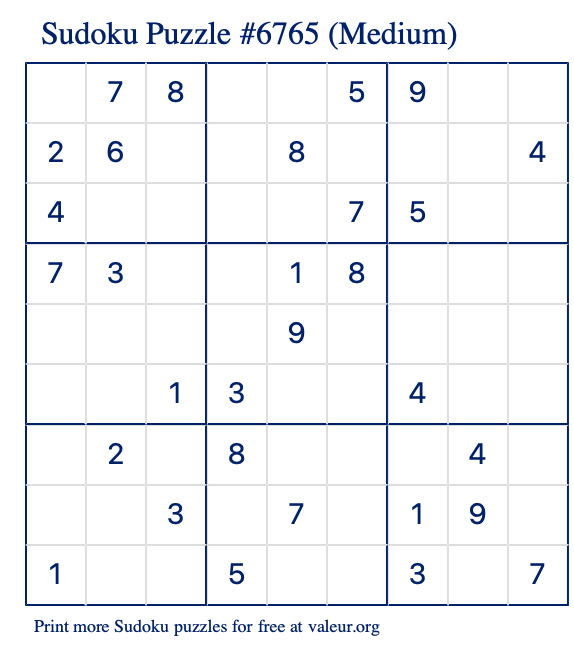 Free Printable Medium Sudoku Puzzle number 6765