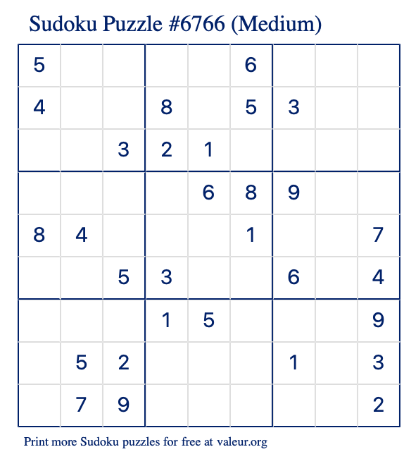 Free Printable Medium Sudoku Puzzle number 6766