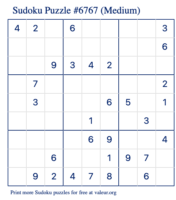 Free Printable Medium Sudoku Puzzle number 6767
