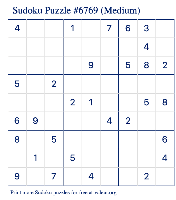 Free Printable Medium Sudoku Puzzle number 6769