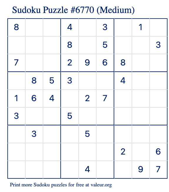 Free Printable Medium Sudoku Puzzle number 6770
