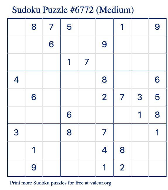 Free Printable Medium Sudoku Puzzle number 6772