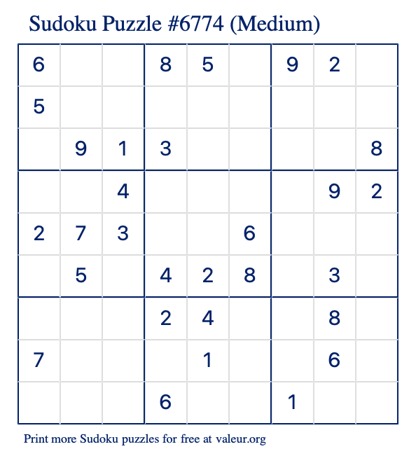 Free Printable Medium Sudoku Puzzle number 6774