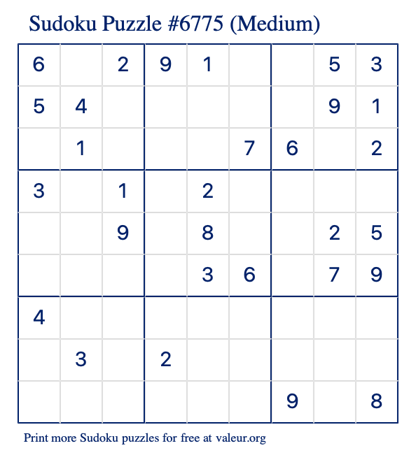 Free Printable Medium Sudoku Puzzle number 6775