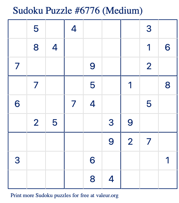 Free Printable Medium Sudoku Puzzle number 6776