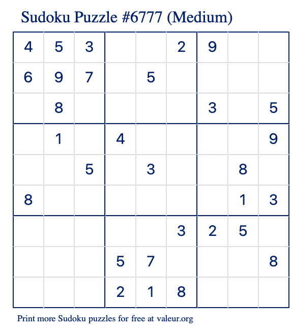 Free Printable Medium Sudoku Puzzle number 6777
