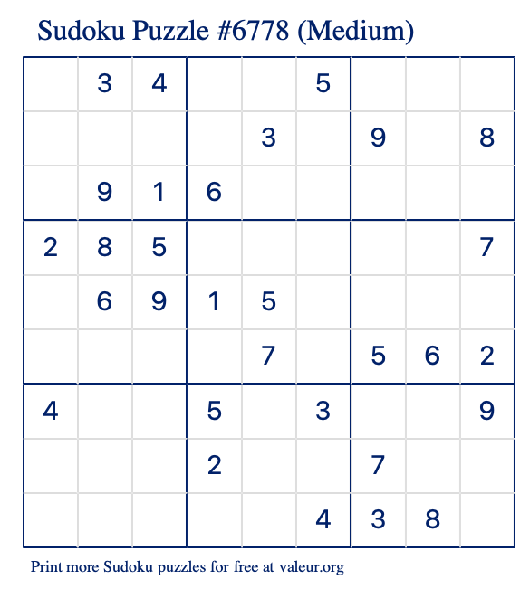 Free Printable Medium Sudoku Puzzle number 6778