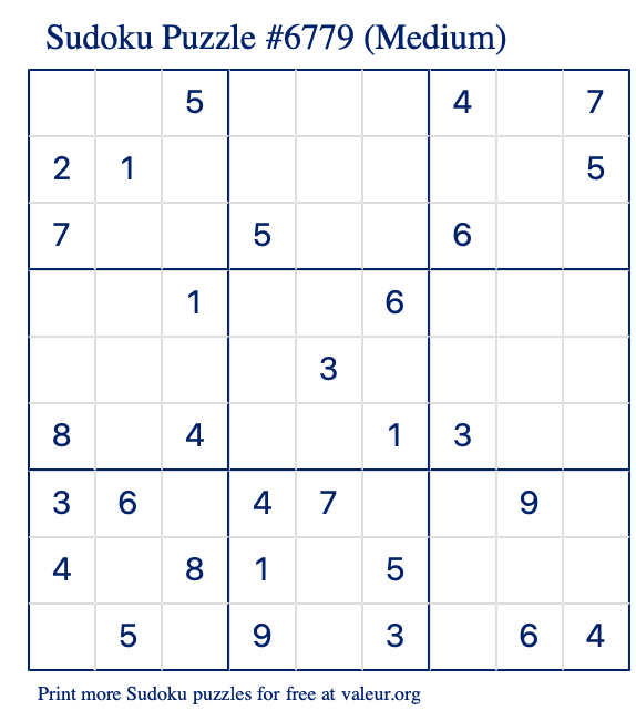 Free Printable Medium Sudoku Puzzle number 6779