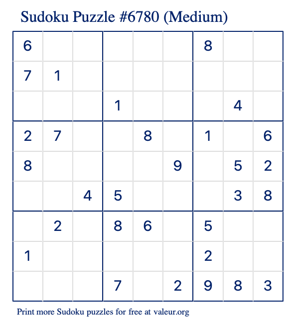 Free Printable Medium Sudoku Puzzle number 6780