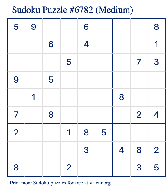 Free Printable Medium Sudoku Puzzle number 6782