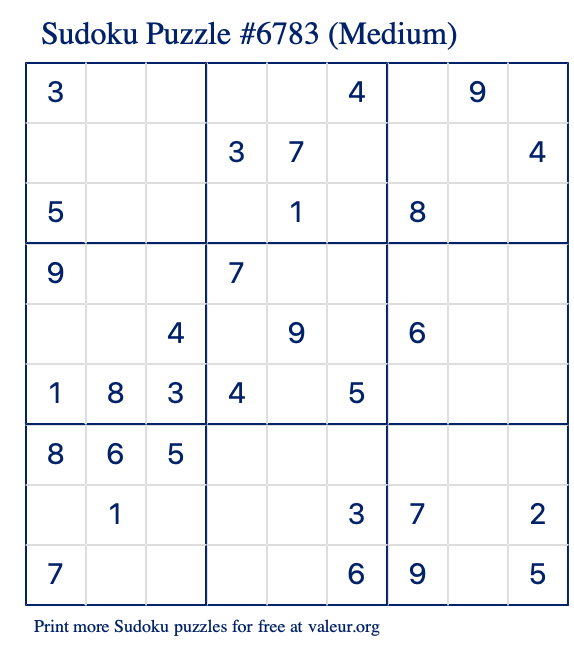 Free Printable Medium Sudoku Puzzle number 6783
