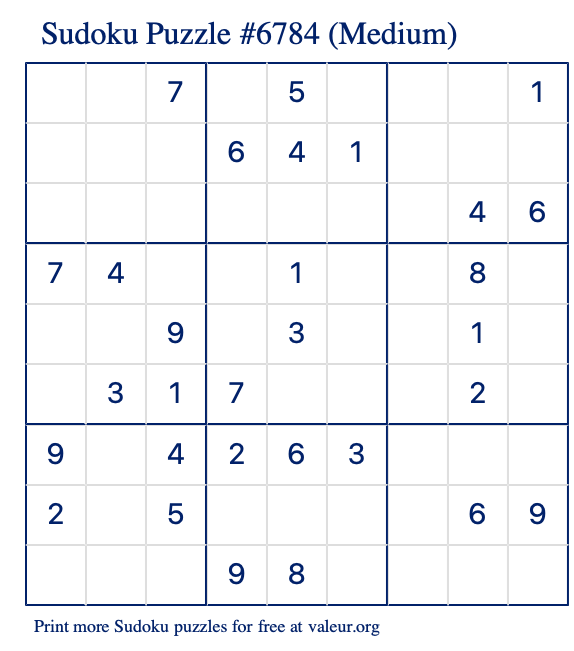 Free Printable Medium Sudoku Puzzle number 6784