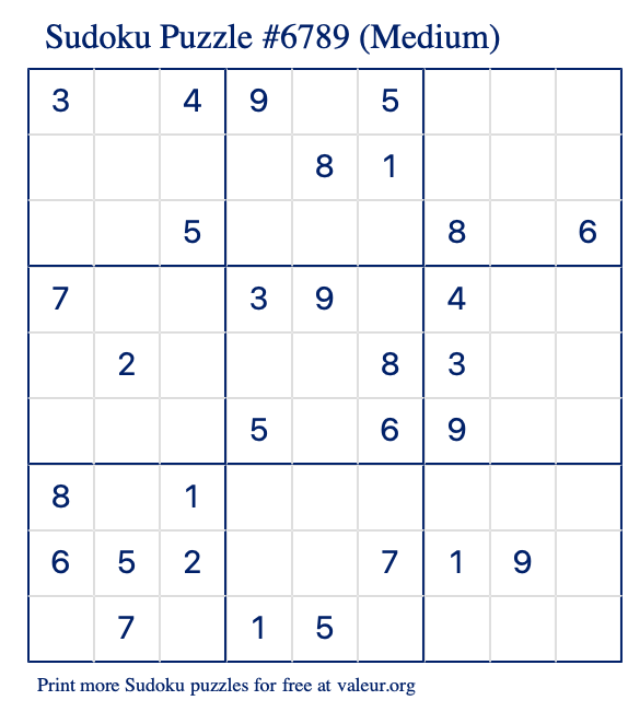 Free Printable Medium Sudoku Puzzle number 6789
