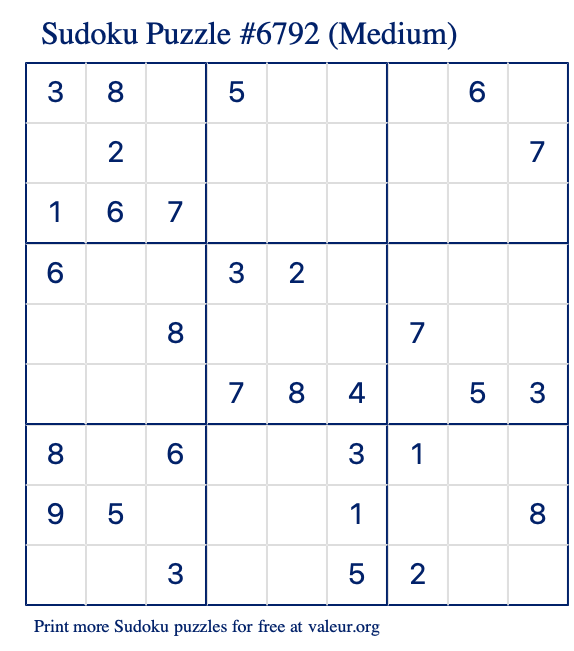Free Printable Medium Sudoku Puzzle number 6792