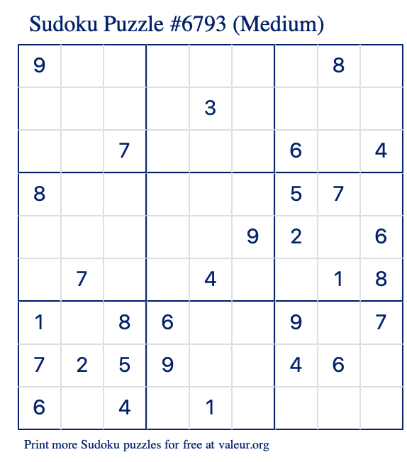 Free Printable Medium Sudoku Puzzle number 6793