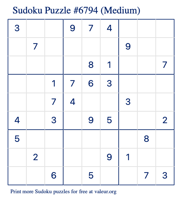 Free Printable Medium Sudoku Puzzle number 6794