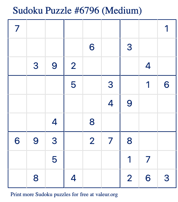 Free Printable Medium Sudoku Puzzle number 6796