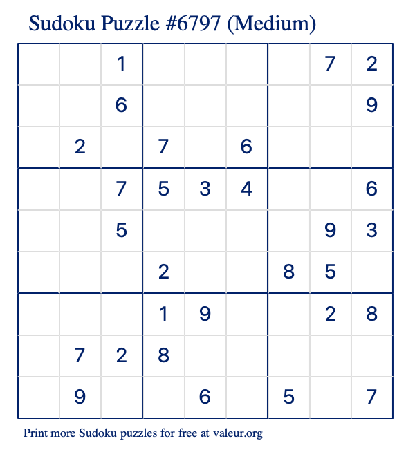Free Printable Medium Sudoku Puzzle number 6797