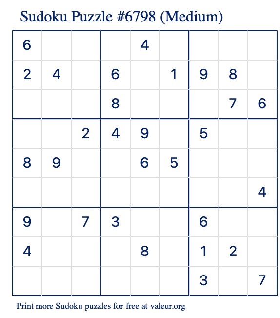 Free Printable Medium Sudoku Puzzle number 6798