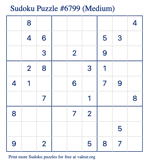 Free Printable Medium Sudoku Puzzle number 6799