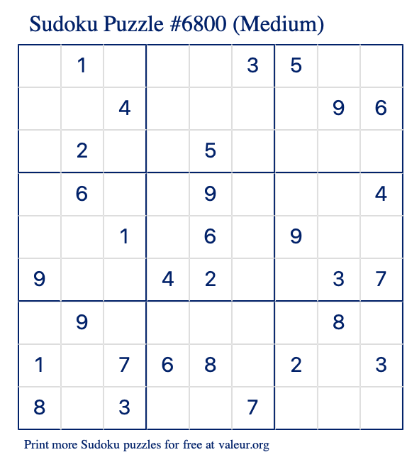 Free Printable Medium Sudoku Puzzle number 6800