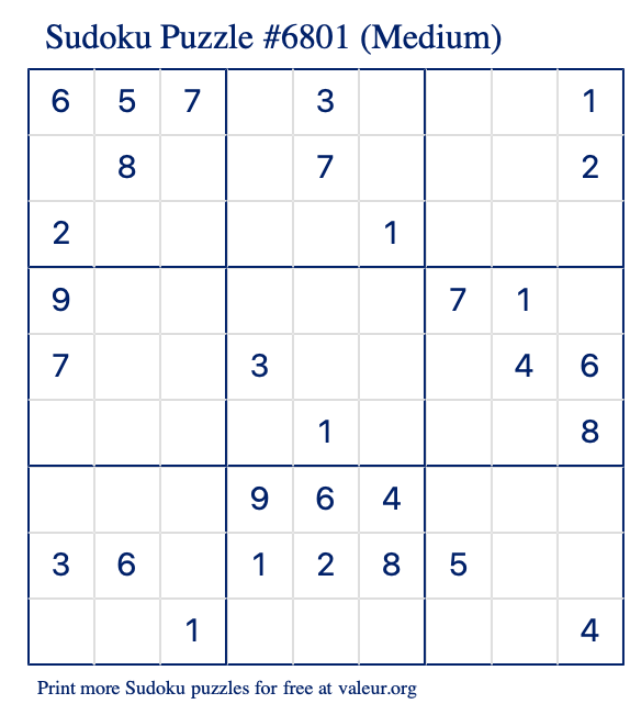 Free Printable Medium Sudoku Puzzle number 6801