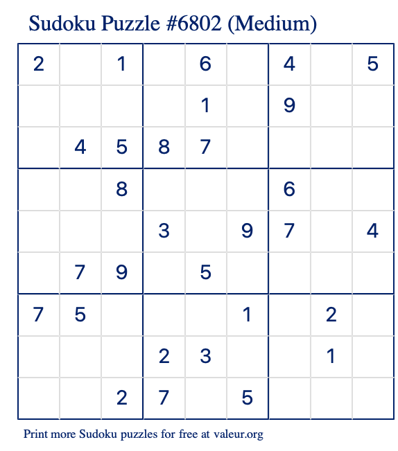 Free Printable Medium Sudoku Puzzle number 6802