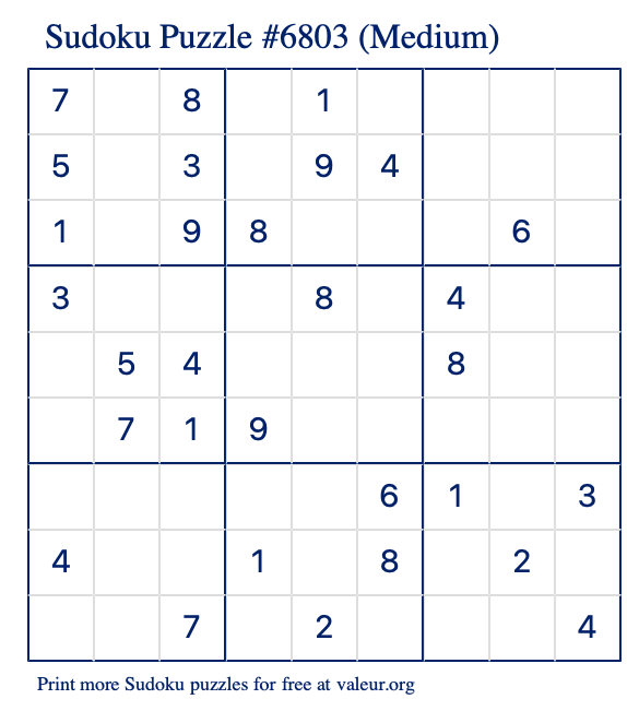 Free Printable Medium Sudoku Puzzle number 6803