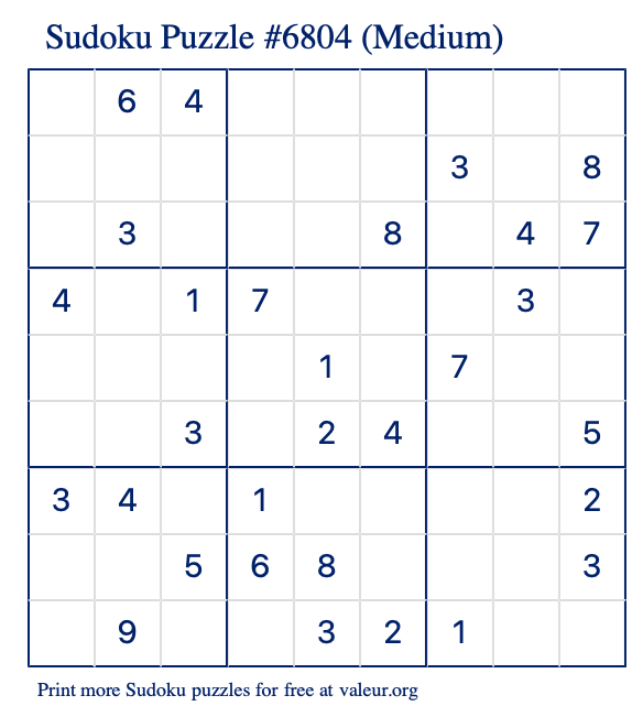 Free Printable Medium Sudoku Puzzle number 6804