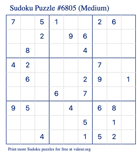 Free Printable Medium Sudoku Puzzle number 6805