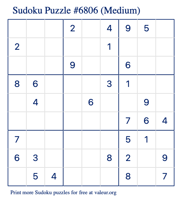 Free Printable Medium Sudoku Puzzle number 6806