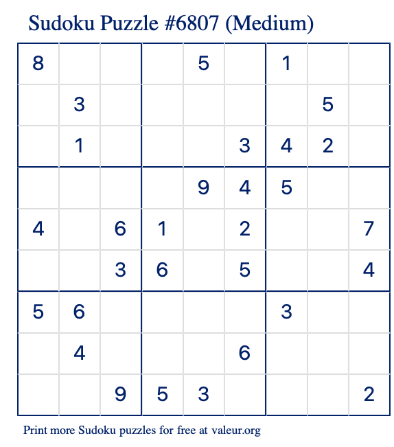 Free Printable Medium Sudoku Puzzle number 6807