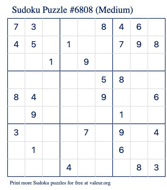 Free Printable Medium Sudoku Puzzle number 6808