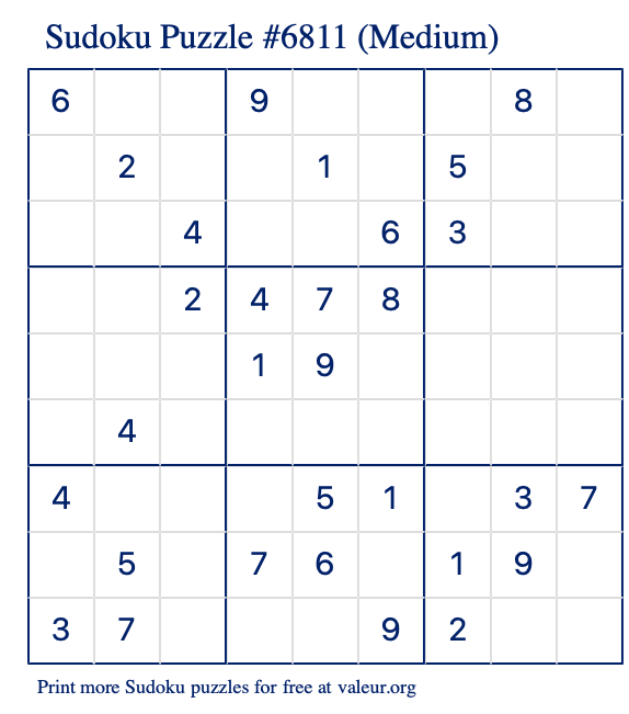 Free Printable Medium Sudoku Puzzle number 6811
