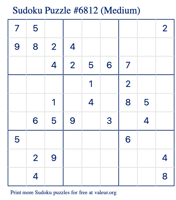 Free Printable Medium Sudoku Puzzle number 6812