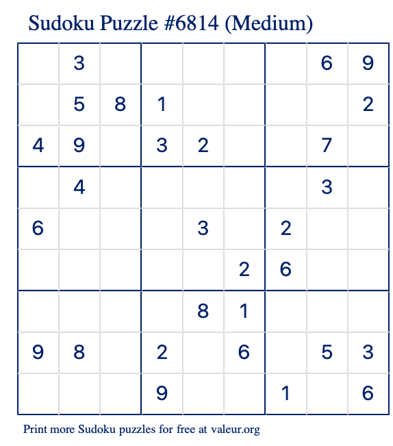 Free Printable Medium Sudoku Puzzle number 6814