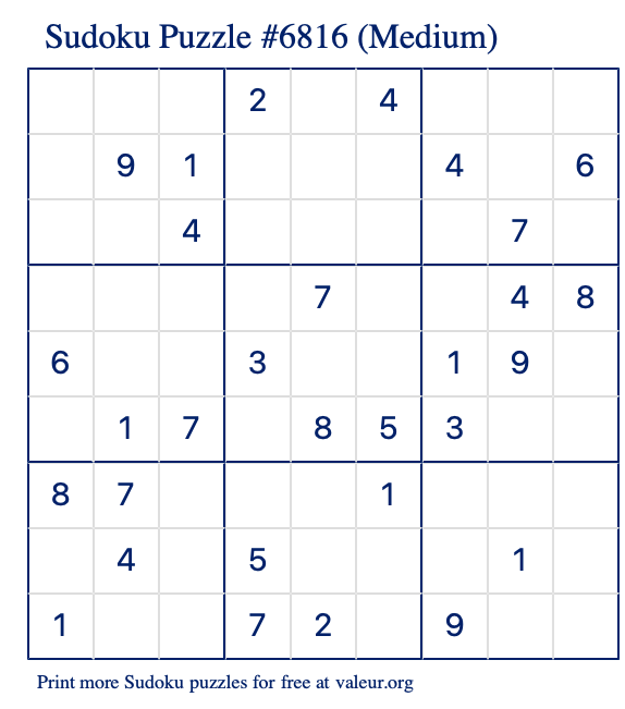 Free Printable Medium Sudoku Puzzle number 6816