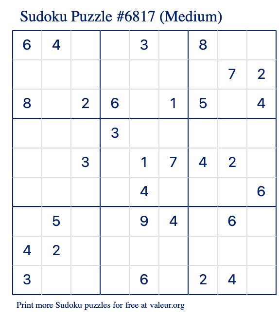 Free Printable Medium Sudoku Puzzle number 6817