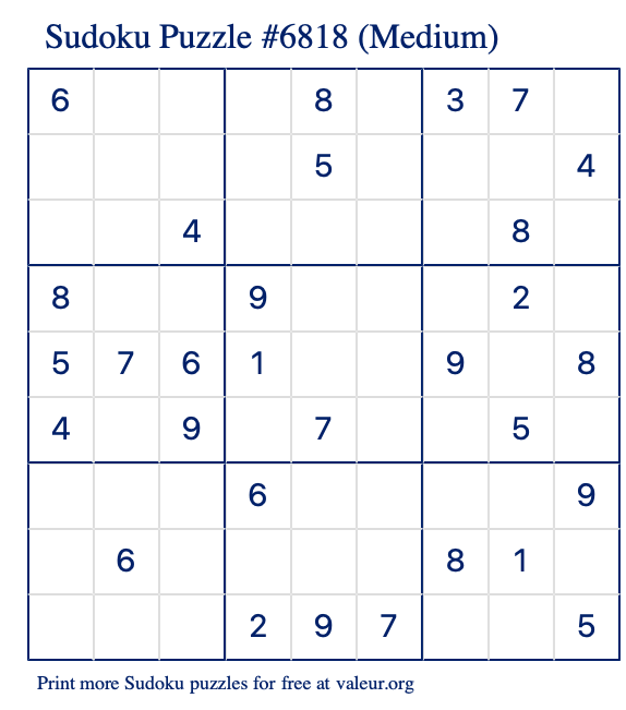Free Printable Medium Sudoku Puzzle number 6818