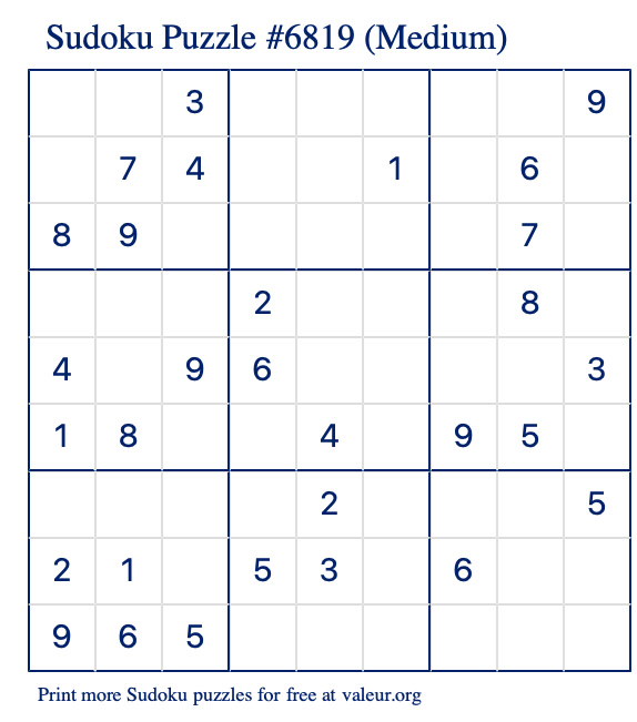 Free Printable Medium Sudoku Puzzle number 6819