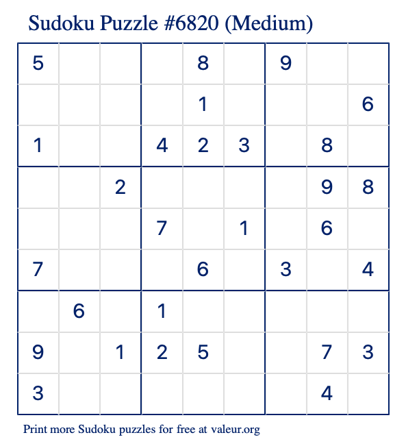 Free Printable Medium Sudoku Puzzle number 6820