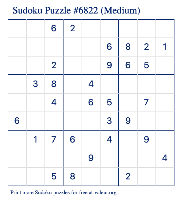 Free Printable Medium Sudoku Puzzle number 6822
