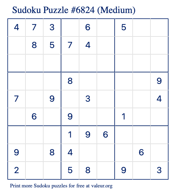 Free Printable Medium Sudoku Puzzle number 6824