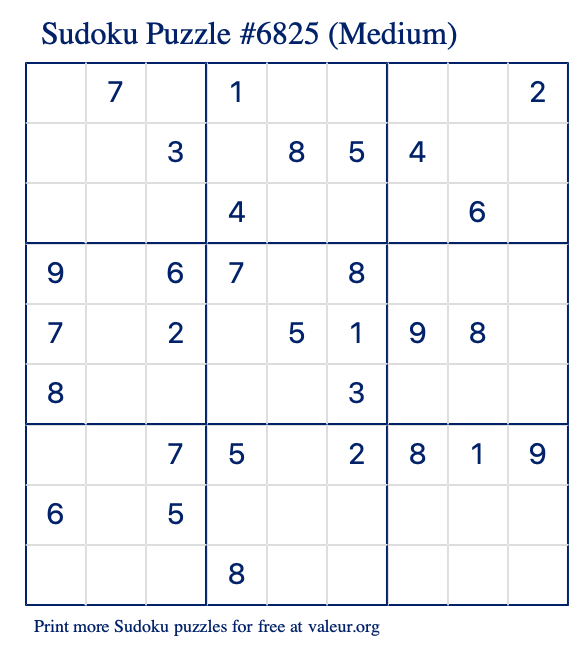 Free Printable Medium Sudoku Puzzle number 6825