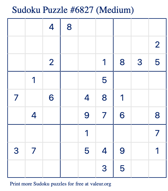 Free Printable Medium Sudoku Puzzle number 6827