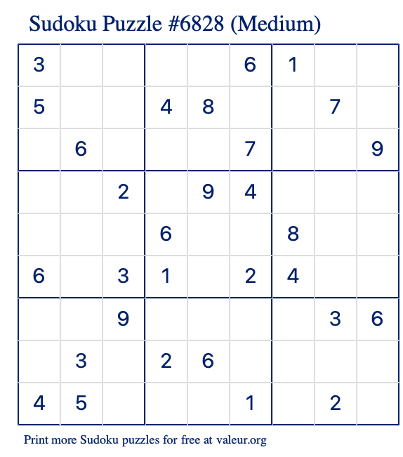 Free Printable Medium Sudoku Puzzle number 6828
