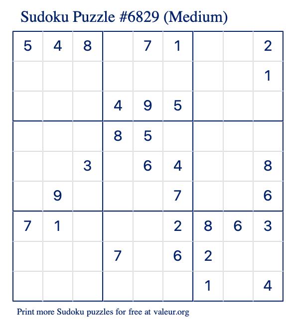 Free Printable Medium Sudoku Puzzle number 6829